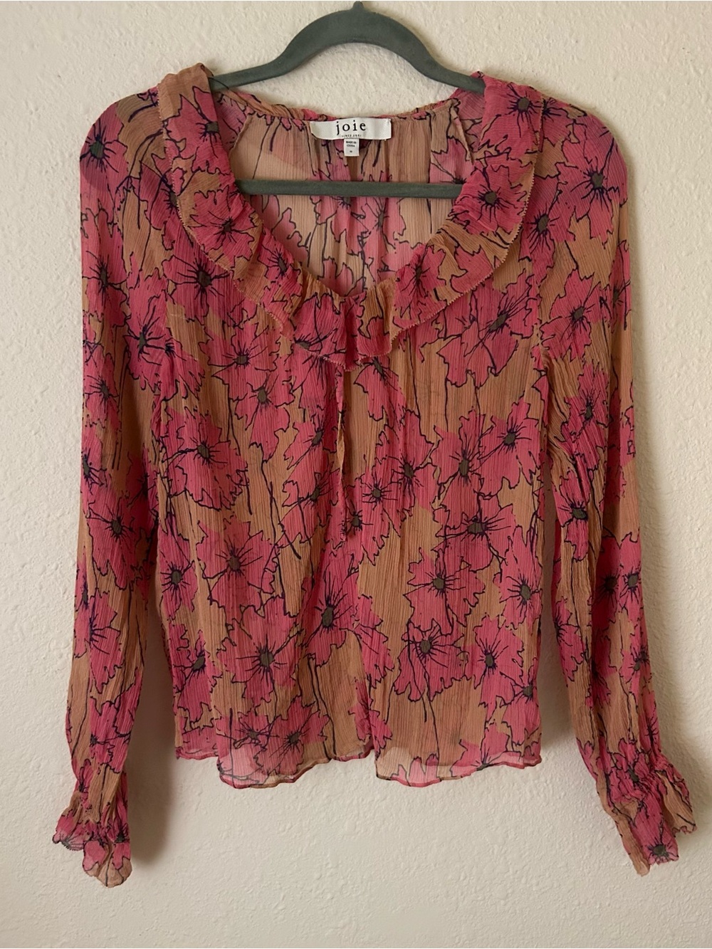 Silk Joie Pink Floral Ruffle-Neck Long-Sleeve Blouse